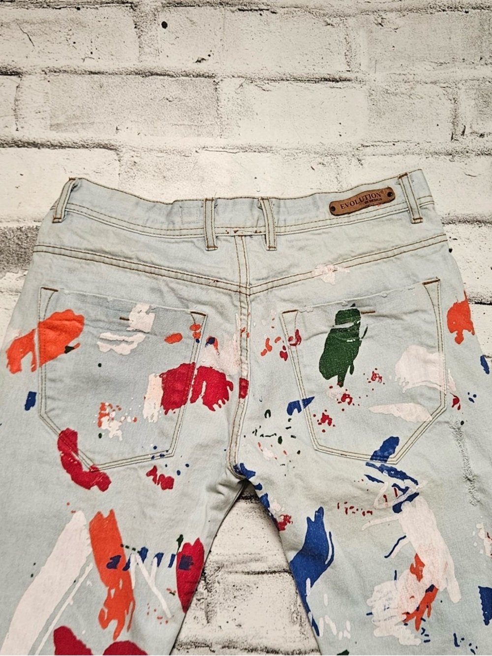 Evolution Paint Splatter Jeans 34x32 Light Wash Artistic Denim Streetwear Pants - Picture 4 of 9